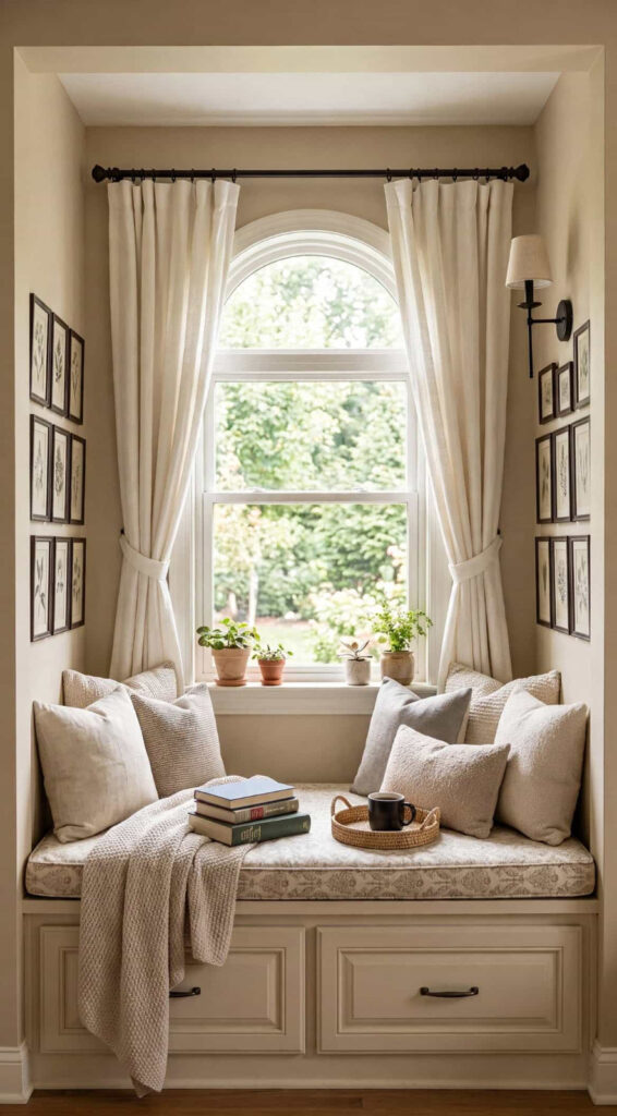 Arched window recess transformed into a cozy built-in reading nook with storage, cushions and curtains
