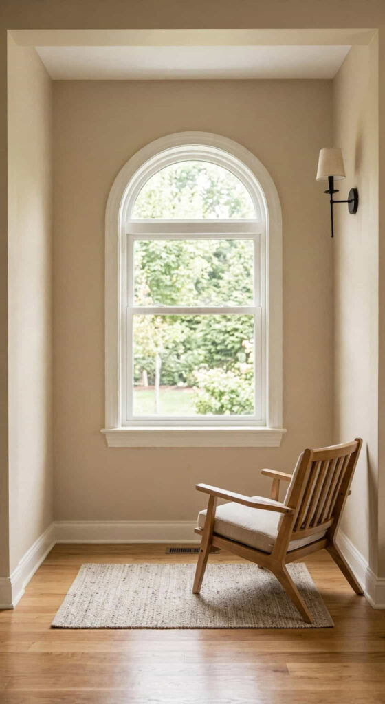 Awkward arched window recess transformed into a built-in reading nook with storage and cushions