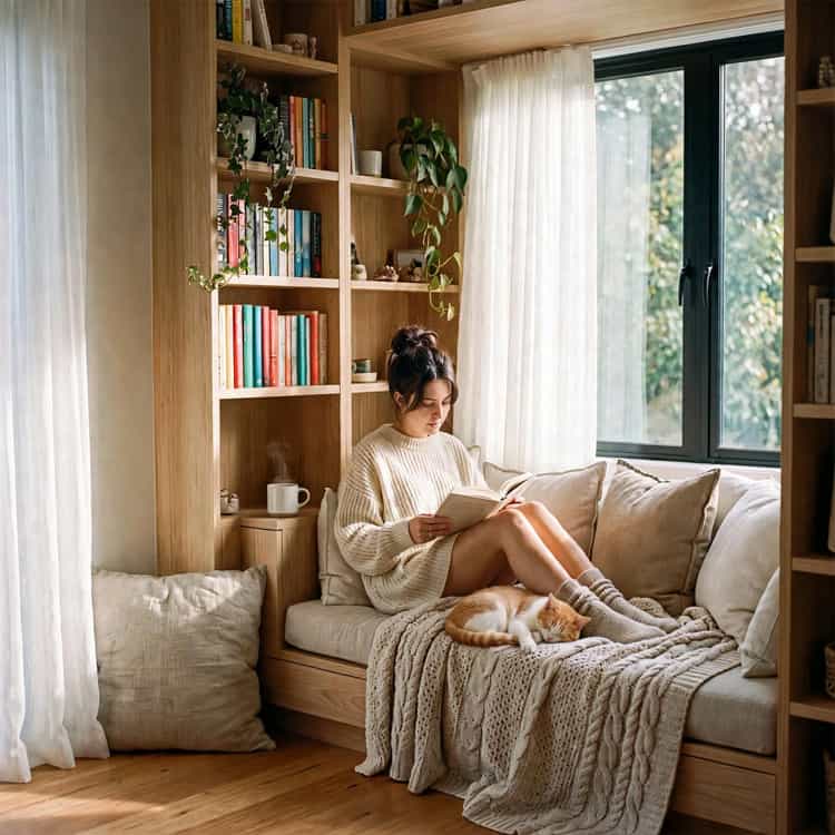 Built-in window reading nook with bookshelves, cushioned bench, plants, woman reading and a cat