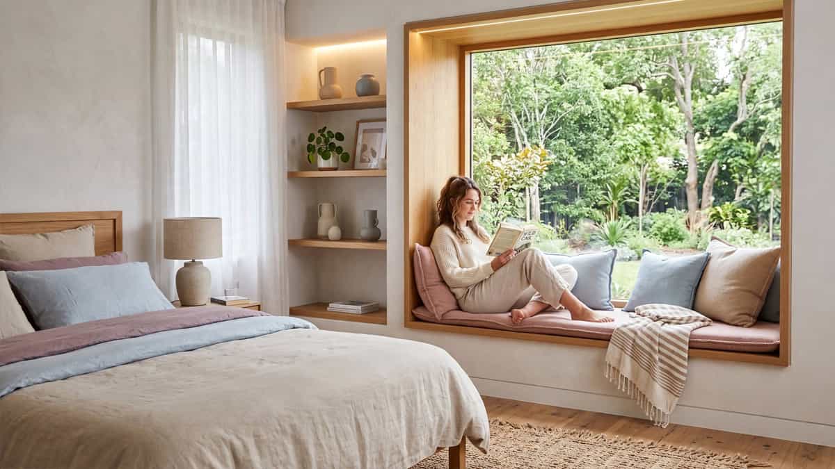 A serene Japandi-inspired bedroom featuring a young woman reading a novel on a cushioned wooden window seat with pastel pillows and a view of lush greenery outside.