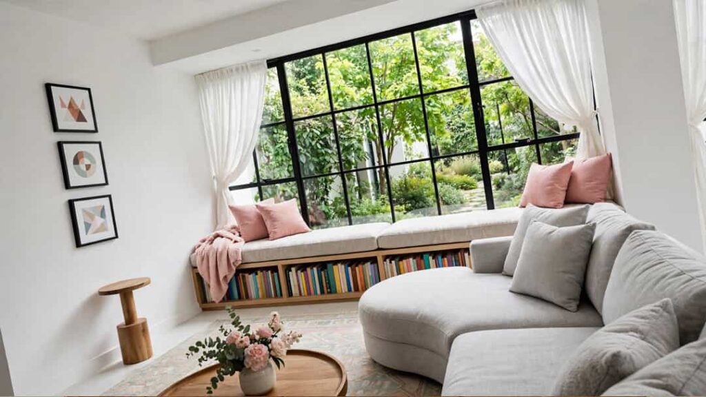 Living room window reading nook with built-in seating, book storage and garden view