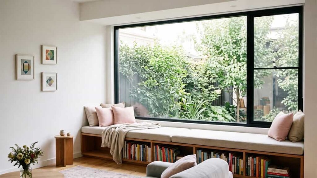 Long window reading nook with cushioned bench, built-in book storage and garden view