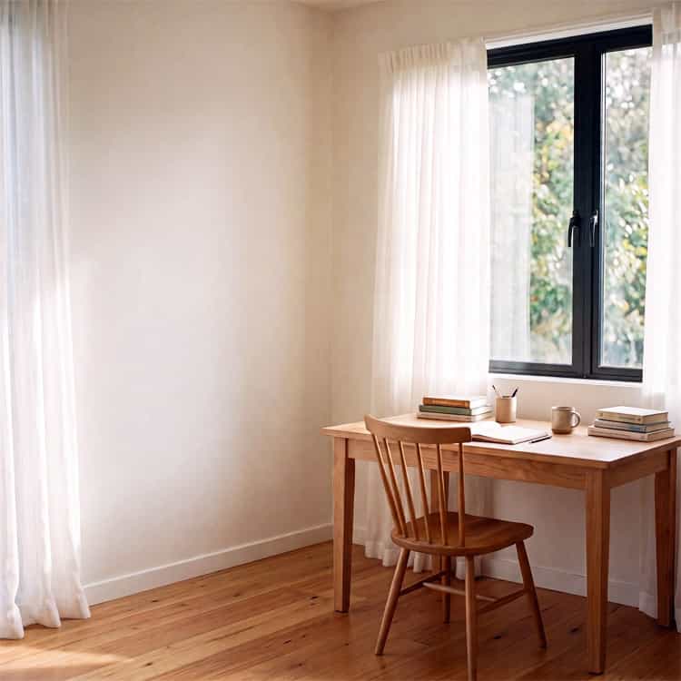 Plain window corner with a wooden desk and chair before being transformed into a reading nook